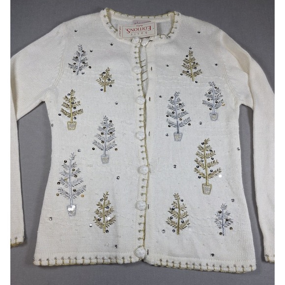NWT Vintage Womens Holiday Sweater Small Christmas Trees Gold Silver Grandmacore - Picture 1 of 8